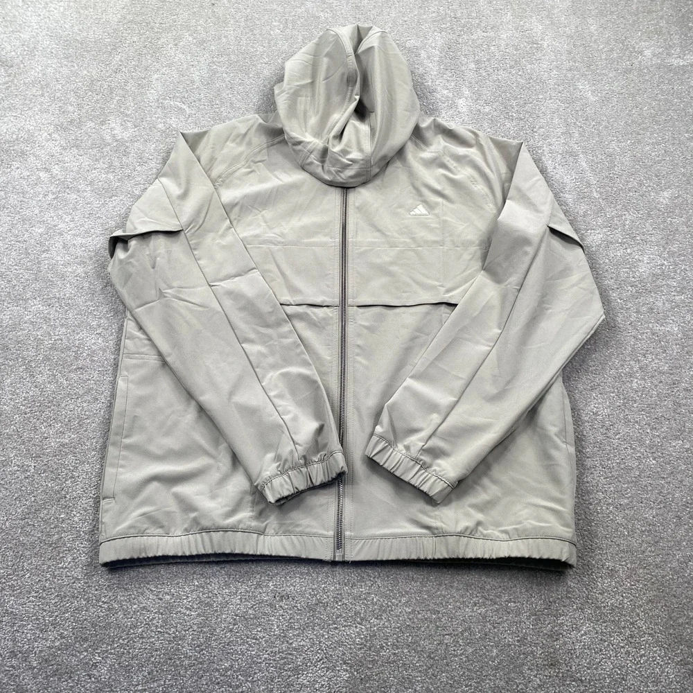 Adidas Windbreaker Jacket Mens Large Beige Go-To Full Zip Hooded JL7915 New
